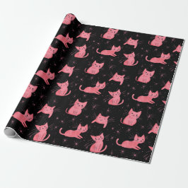 Papel De Presente Gatos de Natal Rosa em Preto