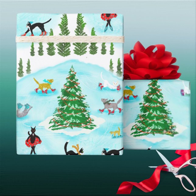 Papel De Presente Gatos de Pele de Gelo e Escarpas de Natal (Cute Cats ice skate in winter wonderland fantasy cat Christmas wrap. )