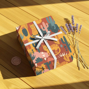 Papel De Presente Gatos do Deserto Boho Fofo Padrão de Cactus Sucule