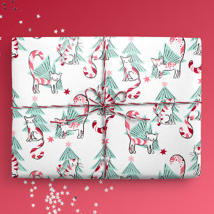 Papel De Presente Gatos Doces Peppermint e Árvores de Natal