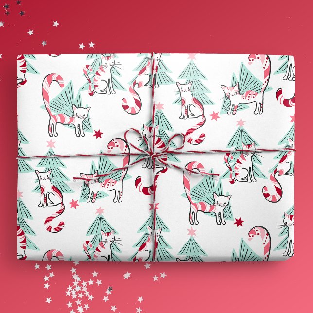 Papel De Presente Gatos Doces Peppermint e Árvores de Natal (Peppermint Candy Cats and Christmas Trees Gift Mockup)