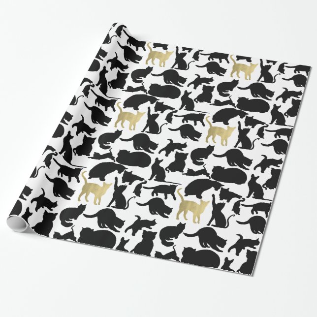 Papel De Presente Gatos Dourados Pretos (Desenrolado)
