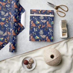 Papel De Presente Gatos E Cachorros Padrão Desenho Em Azul 