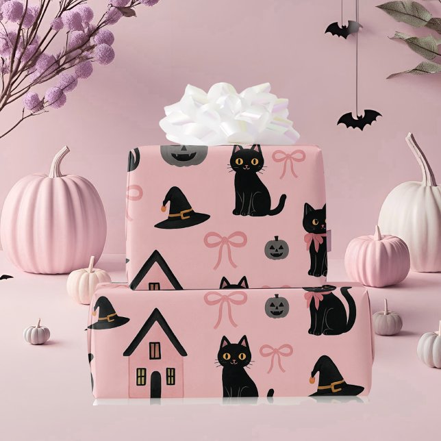 Papel De Presente Gatos e Chapéus De Bruxas Rosa E Bonitos (Criador carregado)