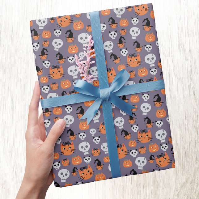 Papel De Presente Gatos e crânios bonitos de Halloween assustadores (Halloween cats and skulls fun gift wrap paper roll)