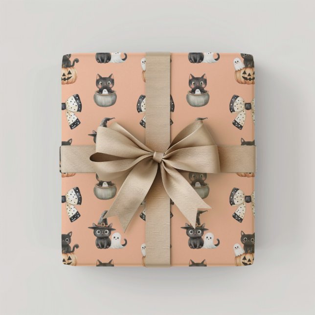 Papel De Presente Gatos e Fantasmas do Halloween (Blush Cats and ghosts Halloween Wrapping Paper)