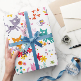Papel De Presente Gatos e Flores de Corte