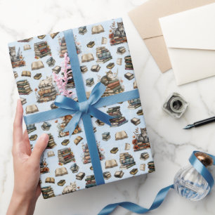 Papel De Presente Gatos e Livros em Azul Claro