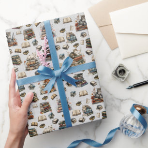 Papel De Presente Gatos e Livros em Cinza Claro
