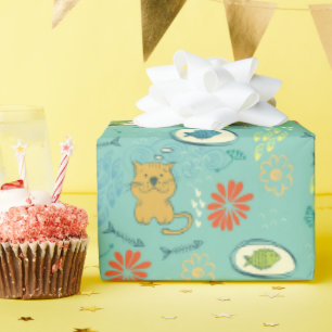 Papel De Presente Gatos e Peixes Engraçados