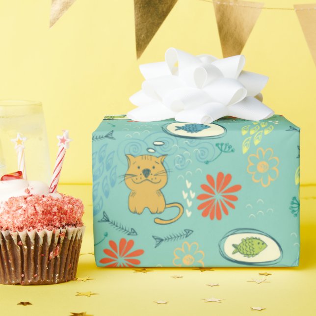 Papel De Presente Gatos e Peixes Engraçados (Festa de aniversário)