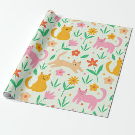 Papel De Presente Gatos Felizes Retro com Flores Laranja Vermelho e 