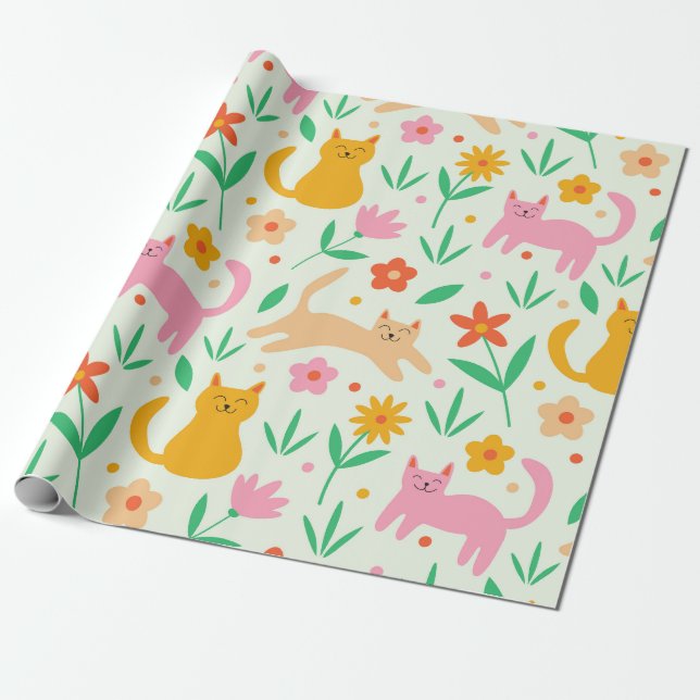 Papel De Presente Gatos Felizes Retro com Flores Laranja Vermelho e  (Desenrolado)