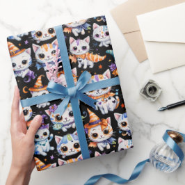 Papel De Presente Gatos Fofos de Halloween em Aquarela Bruxa Kawaii