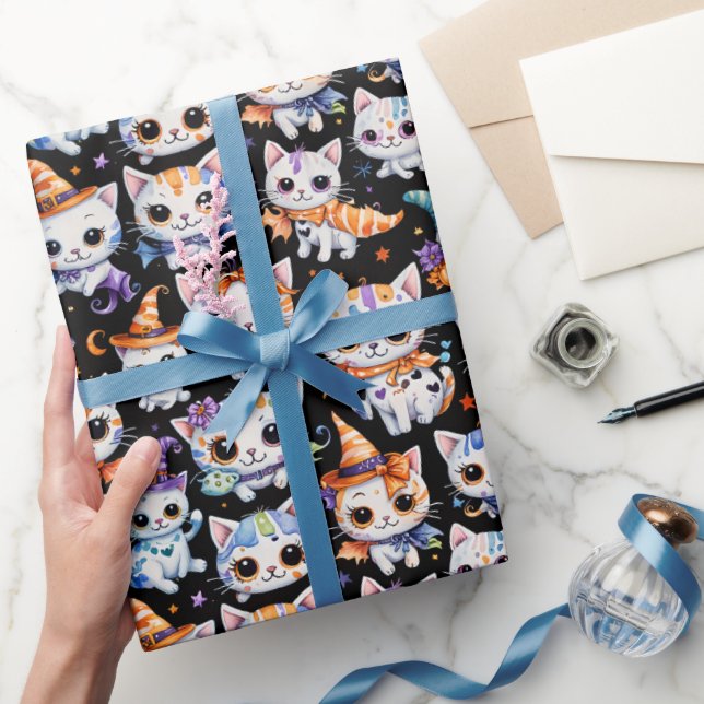 Papel De Presente Gatos Fofos de Halloween em Aquarela Bruxa Kawaii (Presentear)
