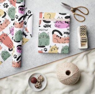 Papel De Presente Gatos Fofos de Rabisco e Pegadas de Pata