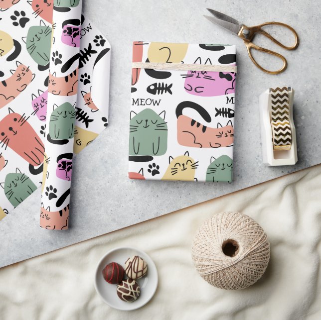 Papel De Presente Gatos Fofos de Rabisco e Pegadas de Pata (Artesanato)