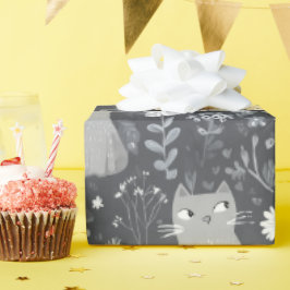 Papel De Presente Gatos Fofos Padrão Floral Botânico Cinza Branco