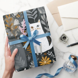 Papel De Presente Gatos Fofos Padrão Floral Botânico Cinza Branco