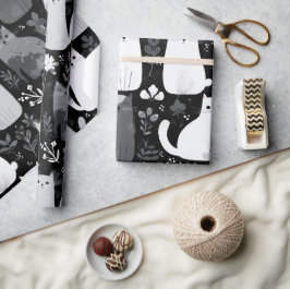 Papel De Presente Gatos Fofos Padrão Floral Botânico Cinza Branco