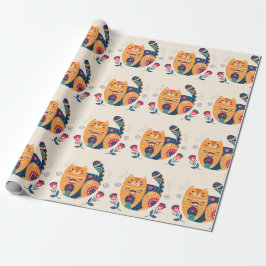 Papel De Presente Gatos Folclóricos Laranja