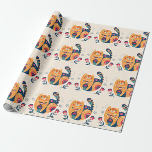 Papel De Presente Gatos Folclóricos Laranja