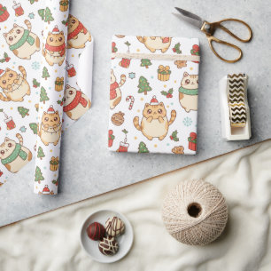 Papel De Presente Gatos Kawaii de Natal e Guloseimas de Fim de Ano