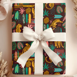 Papel De Presente Gatos Leopardo Padrão da Selva Tropical Roxa