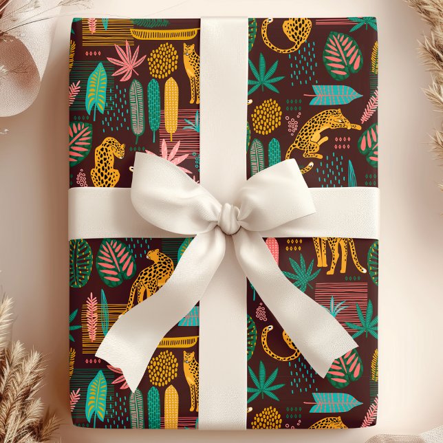 Papel De Presente Gatos Leopardo Padrão da Selva Tropical Roxa (Criador carregado)
