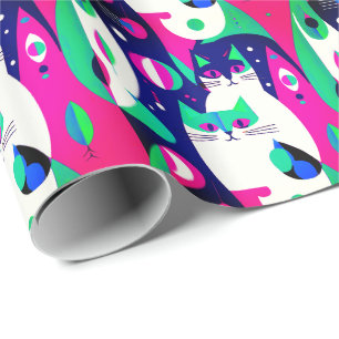 Papel De Presente Gatos Modernos do Século médio num Fundo Azul Escu