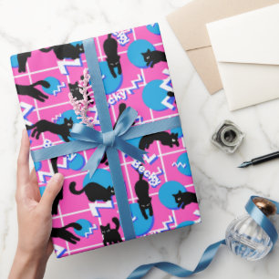 Papel De Presente Gatos-Padrão de Memphis Geométrica Rosa de Nome Re