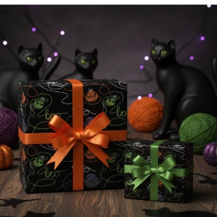 Papel De Presente Gatos Pretos Bo-Tangidos e Halloween de Fogueira