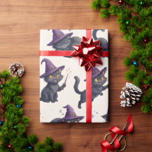 Papel De Presente Gatos Pretos Bruxos Padrão Roxo de Halloween