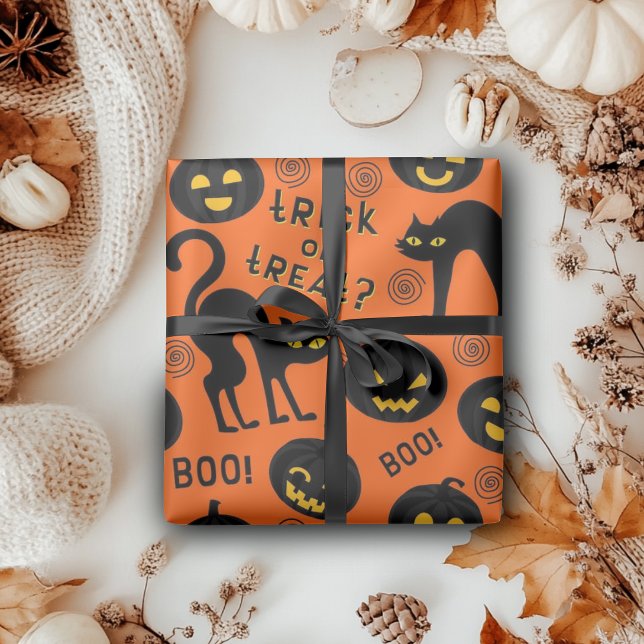 Papel De Presente Gatos Pretos de Halloween e Abóboras Góticas para  (Halloween Trick or Treat Black Cat Gothic Pumpkins Wrapping Paper)