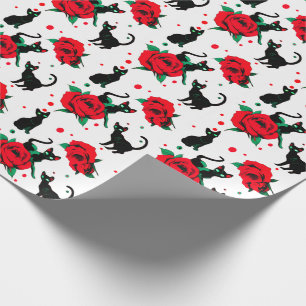 Papel De Presente Gatos Pretos Fofos Engraçados com Rosas Vermelhas
