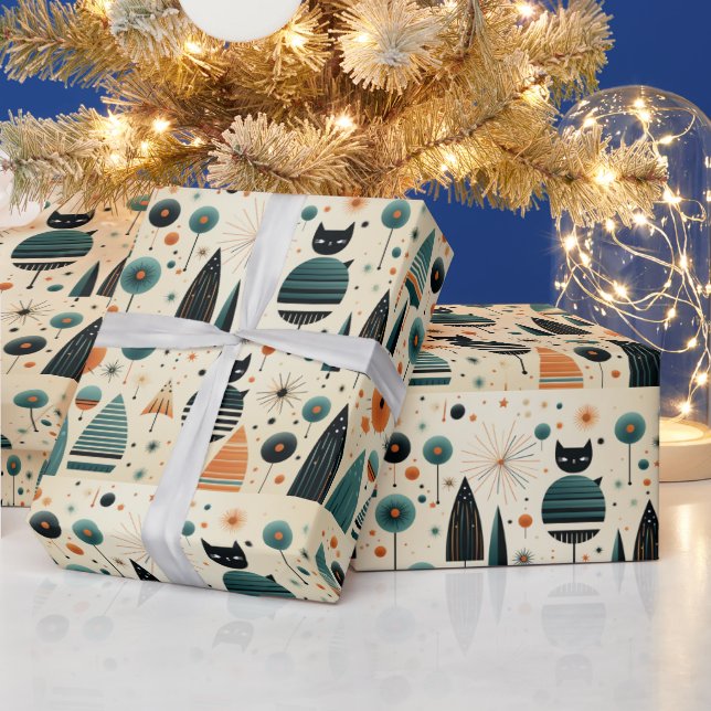Papel De Presente Gatos Pretos Funky da MCM Árvores Flores Estrelas (Feriados)