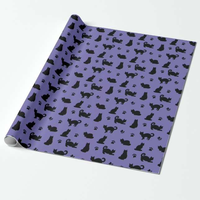 Papel De Presente Gatos Pretos - Pata Imprime Roxo (Desenrolado)