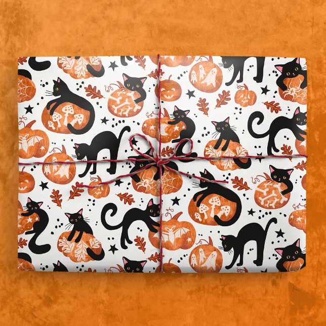 Papel De Presente Gatos que Carvavam Halloween Jack-o-lanterno Pumpk (Gift Mickup)