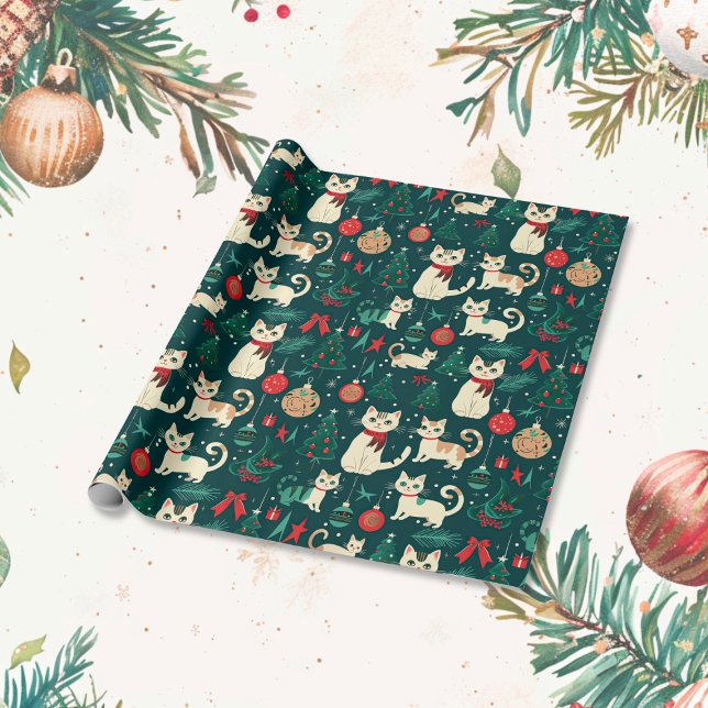 Papel De Presente Gatos Retro Bonitos no Natal Preto (Cute Retro Cats Black Christmas wrapping paper roll)