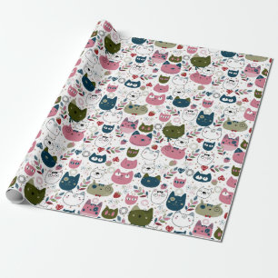Papel De Presente Gatos rostos mudos cor-de-rosa verde quente