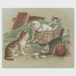 Papel De Presente Gatos Vitorianos Antigos Brincando na Cesta de Cos