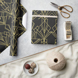Papel De Presente Gatsby Preto e Dourado Art Déco