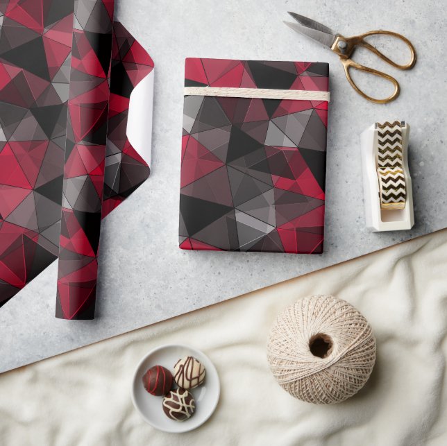 Papel De Presente Geométrico abstrato preto, vermelho e cinza. (Artesanato)