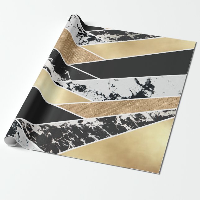 Papel De Presente Geométrico Dourado do Mármaco Branco Negro Moderno (Desenrolado)