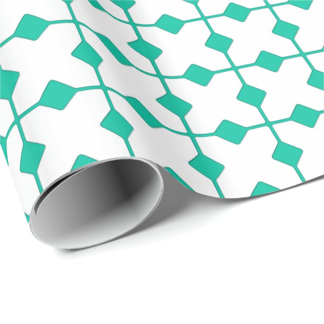 Papel De Presente Geométrico moderno, diamantes - turquesa e branco (Ponta do rolo)