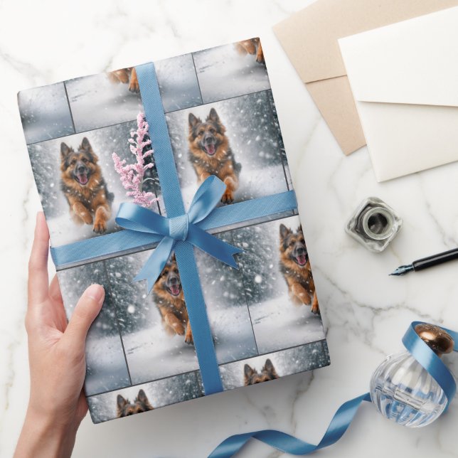 Papel De Presente German shepherd Em Neve (Presentear)