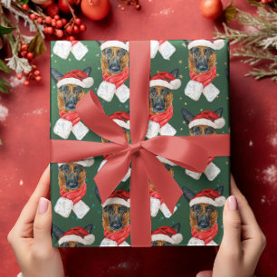 Papel De Presente German shepherd Natal das Estrelas Verdes Colorida