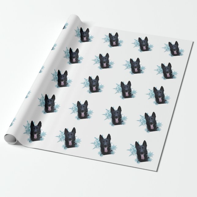 Papel De Presente German shepherd preto nos flocos de neve (Desenrolado)