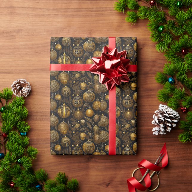 Papel De Presente Geschenkpapier mit goldenen Weihnachtskugeln (Presente de Natal)