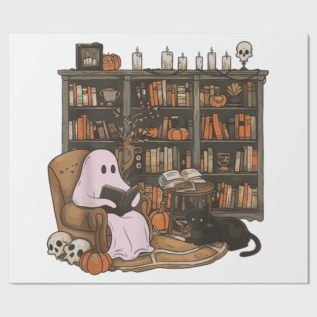 Papel De Presente Ghost Reading Book Cat lover Halloween (Aberto)